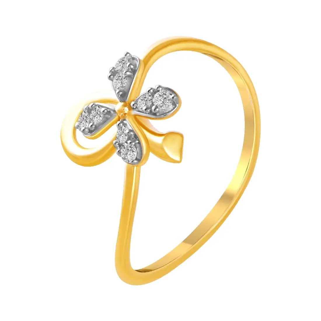 14K Gold Ring With Diamond Studded Floral Motif In The Centre