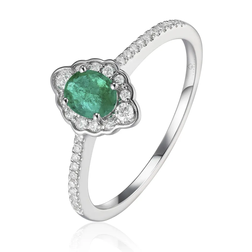 14K White Gold Emerald And Diamond Halo Ring