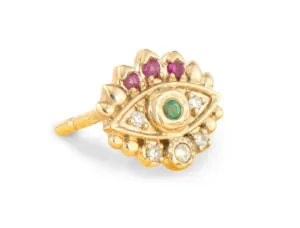 14KYG DIA, PK SAP, EMR SINGLE EVIL EYE STUD EARRING
