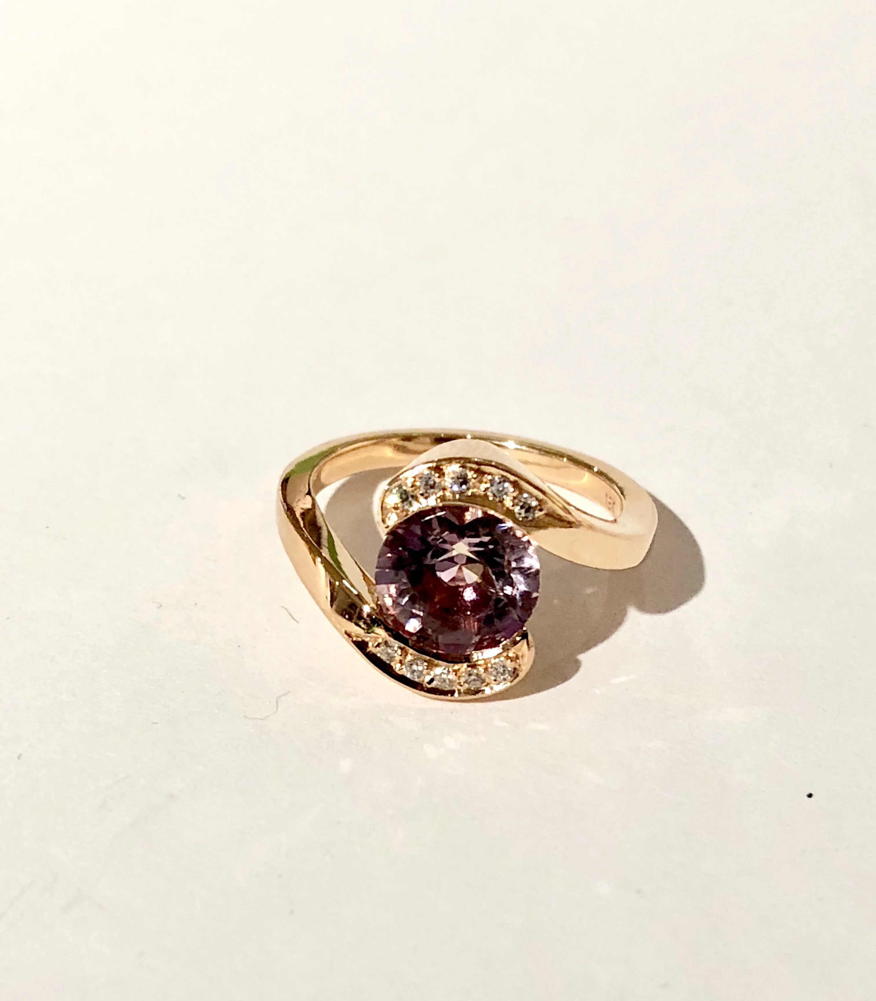 18k rose gold Bypass ring set with custom cut 8mm round Amertrine, pave set with 10 GH VS Canadian diamonds.