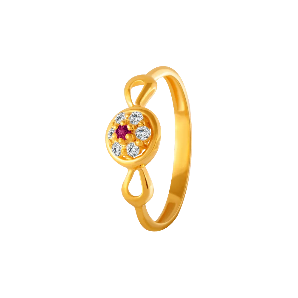 22KT Yellow Gold, American Diamond And Ruby Ring For Women