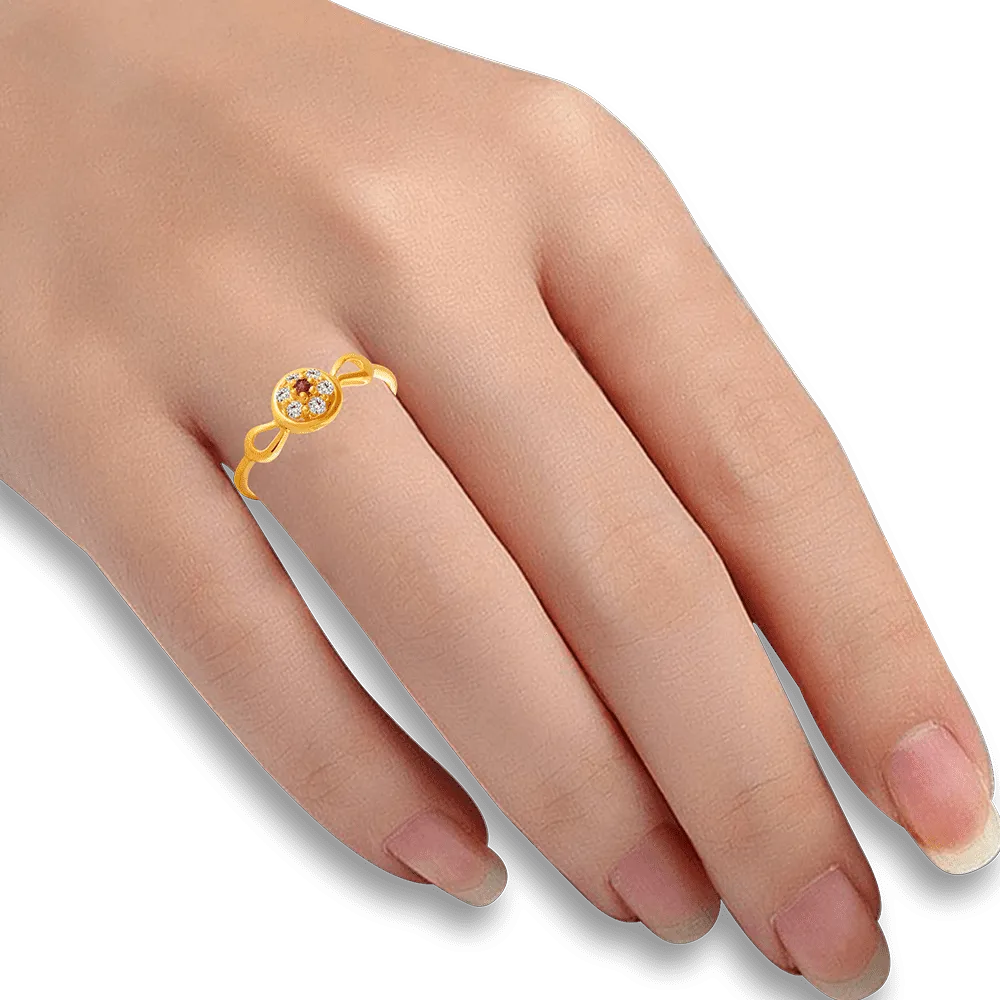 22KT Yellow Gold, American Diamond And Ruby Ring For Women
