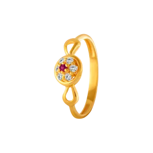 22KT Yellow Gold, American Diamond And Ruby Ring For Women