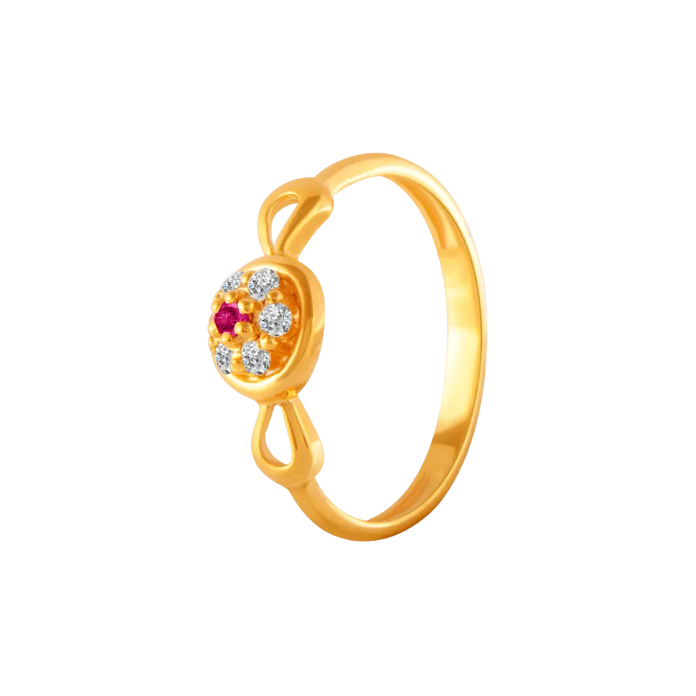 22KT Yellow Gold, American Diamond And Ruby Ring For Women