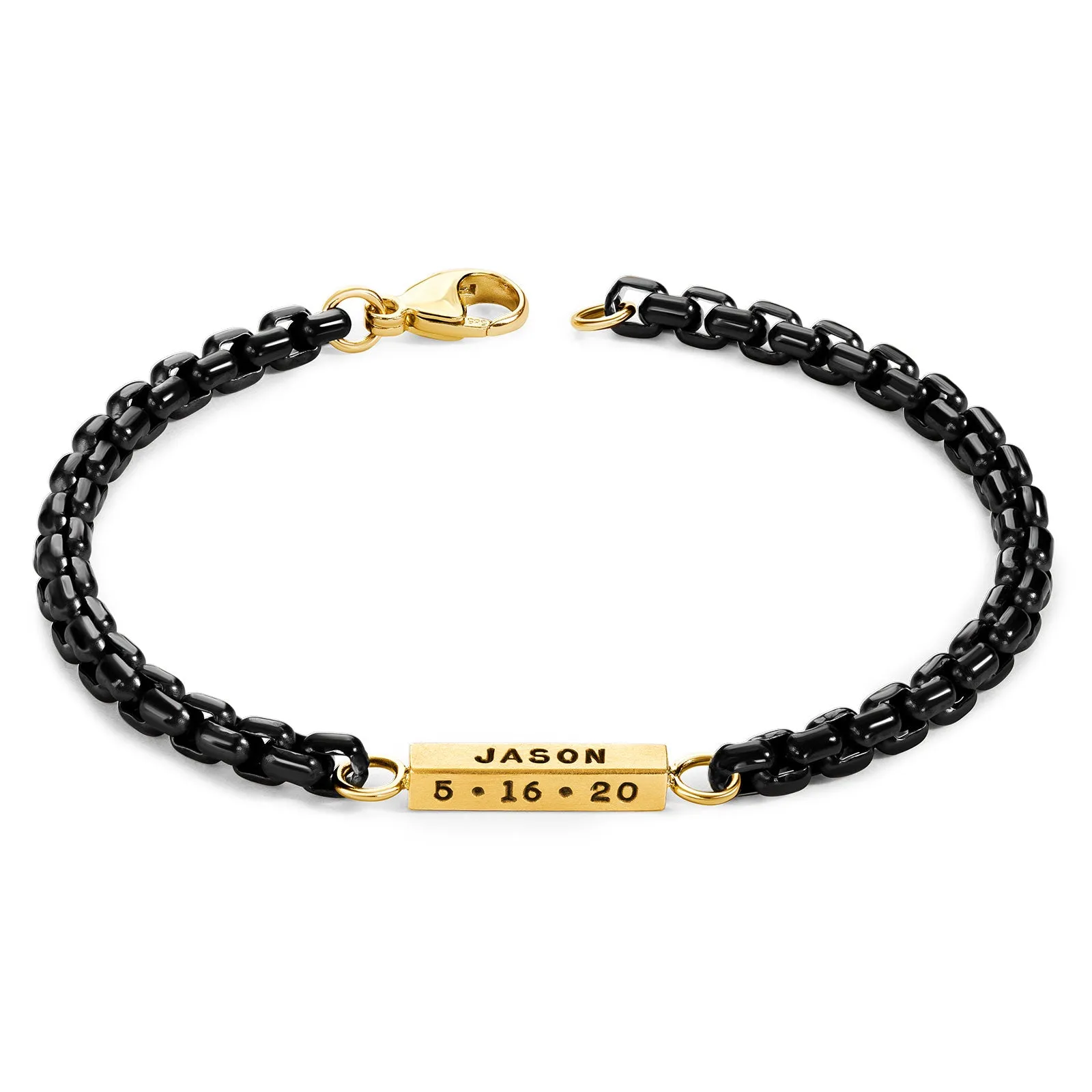 4mm Stainless Steel Black Chain Names & Dates Square Bar Bracelet