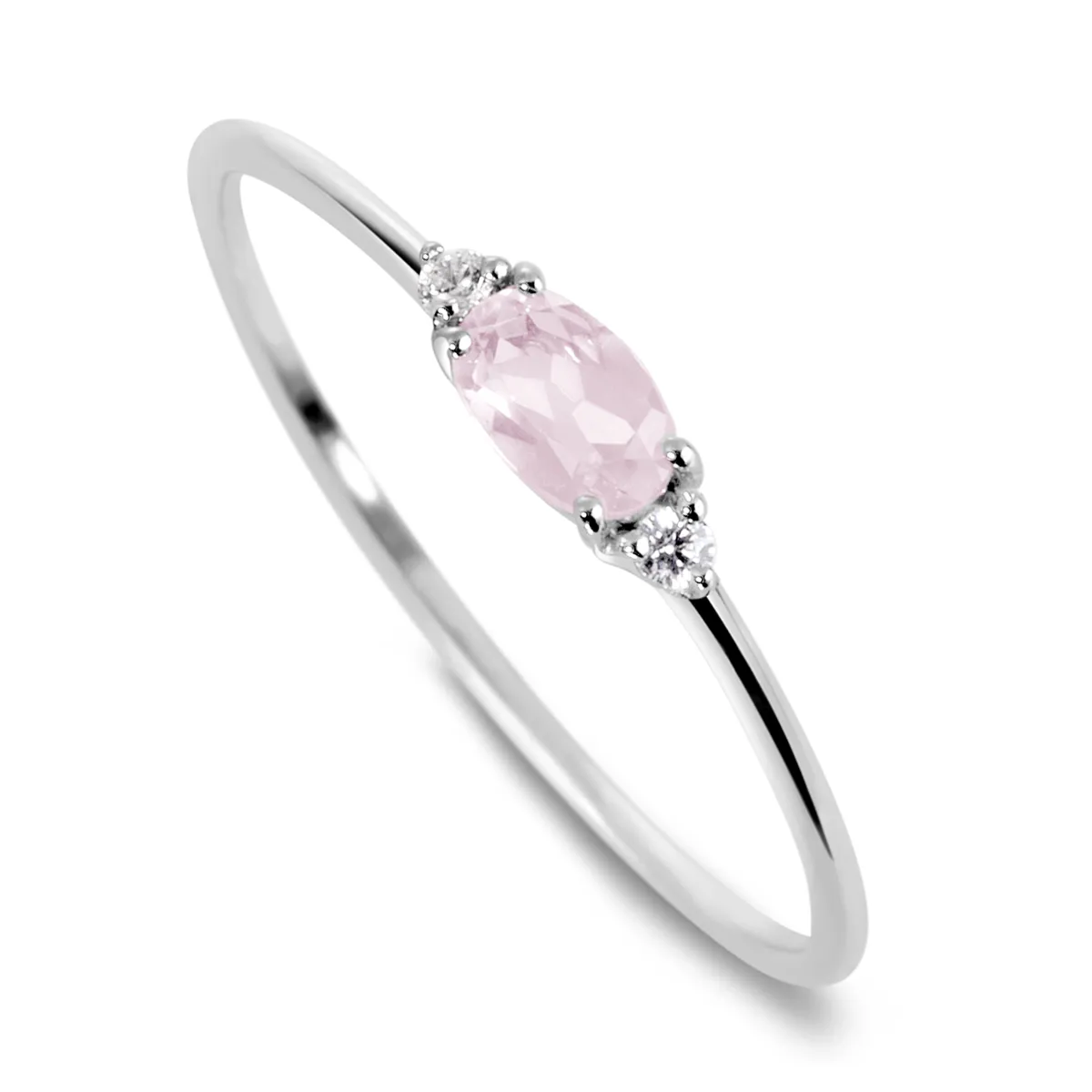 9k white gold ring assembled with HSI Diamond and Rose Quartz