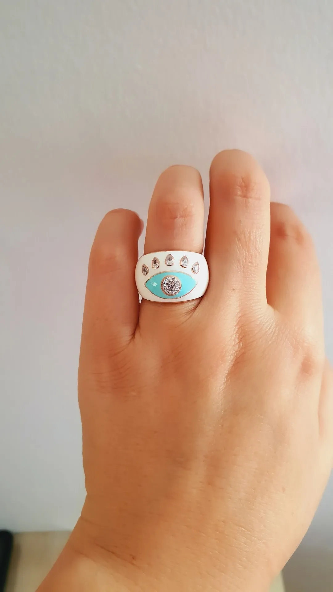 Adjustable White Eye Ring in 925 Sterling Silver with Rose Gold Plating