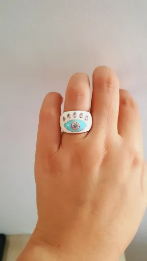 Adjustable White Eye Ring in 925 Sterling Silver with Rose Gold Plating