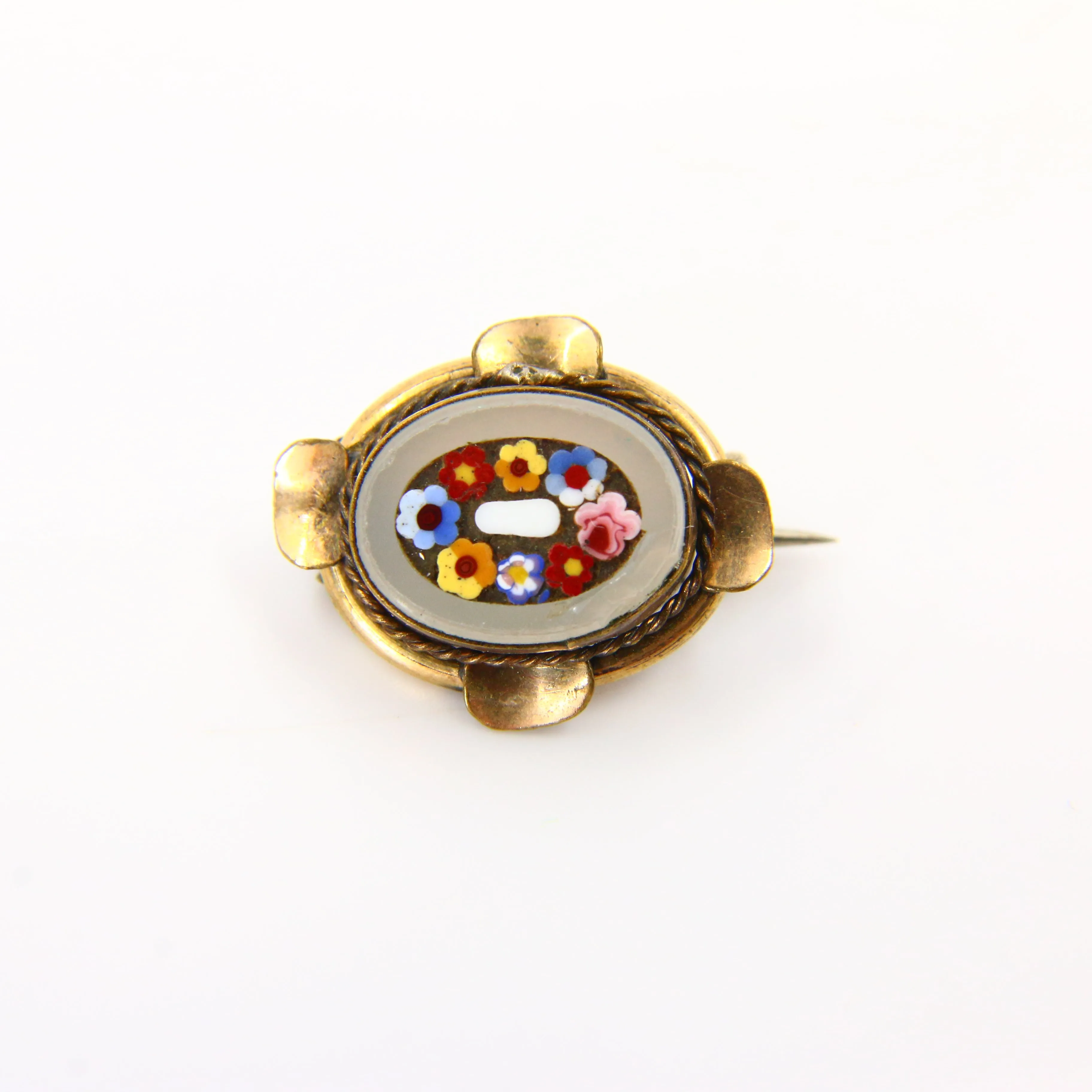 Antique 9ct Miniature Mosaic Enamel Double Pendant & Brooch Set Yellow Gold