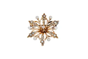 Antique Pearl Sunburst Floral Diamond Brooch 10K 417 Yellow Gold Lapel Pin