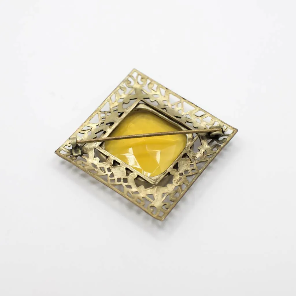 Antique Victorian Simulated Citrine Gold Tone Filigree Brooch