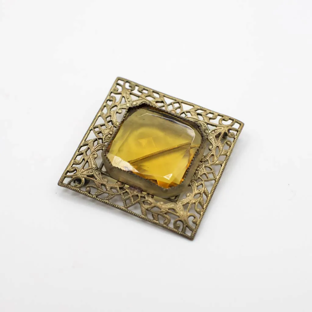 Antique Victorian Simulated Citrine Gold Tone Filigree Brooch