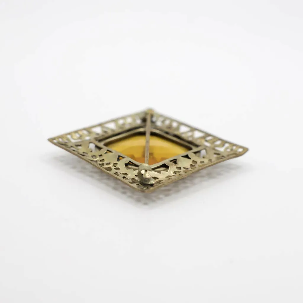 Antique Victorian Simulated Citrine Gold Tone Filigree Brooch