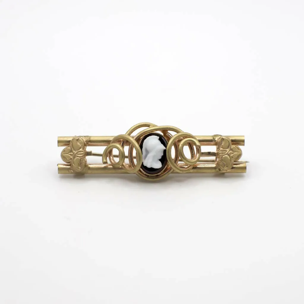Antique Victorian Simulated Onyx Gold Tone Wrapped Cameo Pin