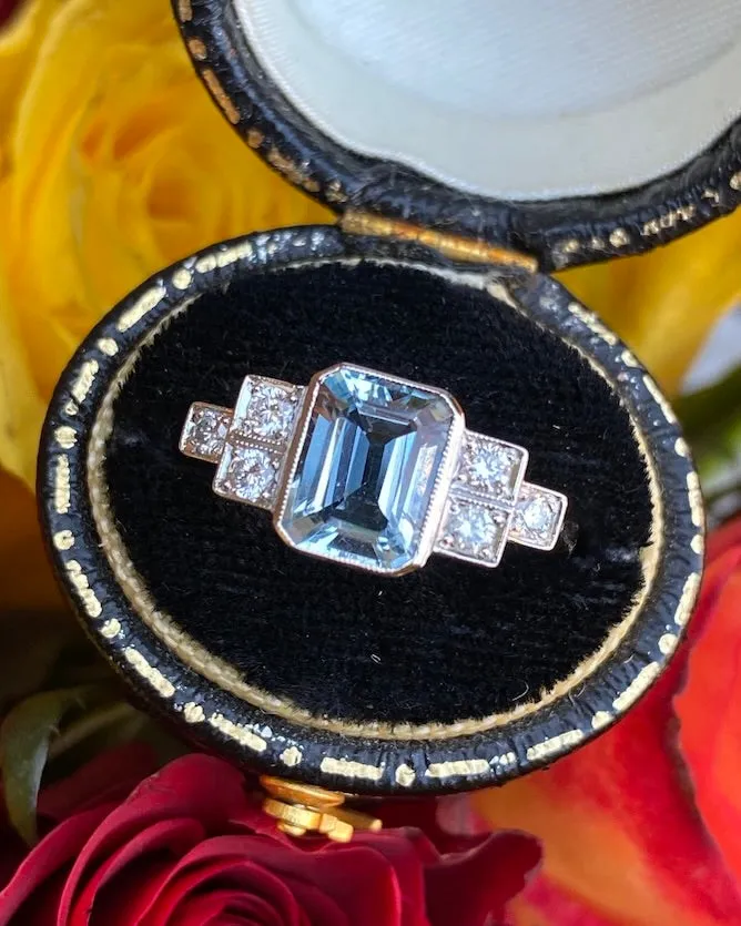 Art Deco Aquamarine and Diamond Platinum Ring 0.25ct   1.40ct