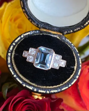 Art Deco Aquamarine and Diamond Platinum Ring 0.25ct   1.40ct