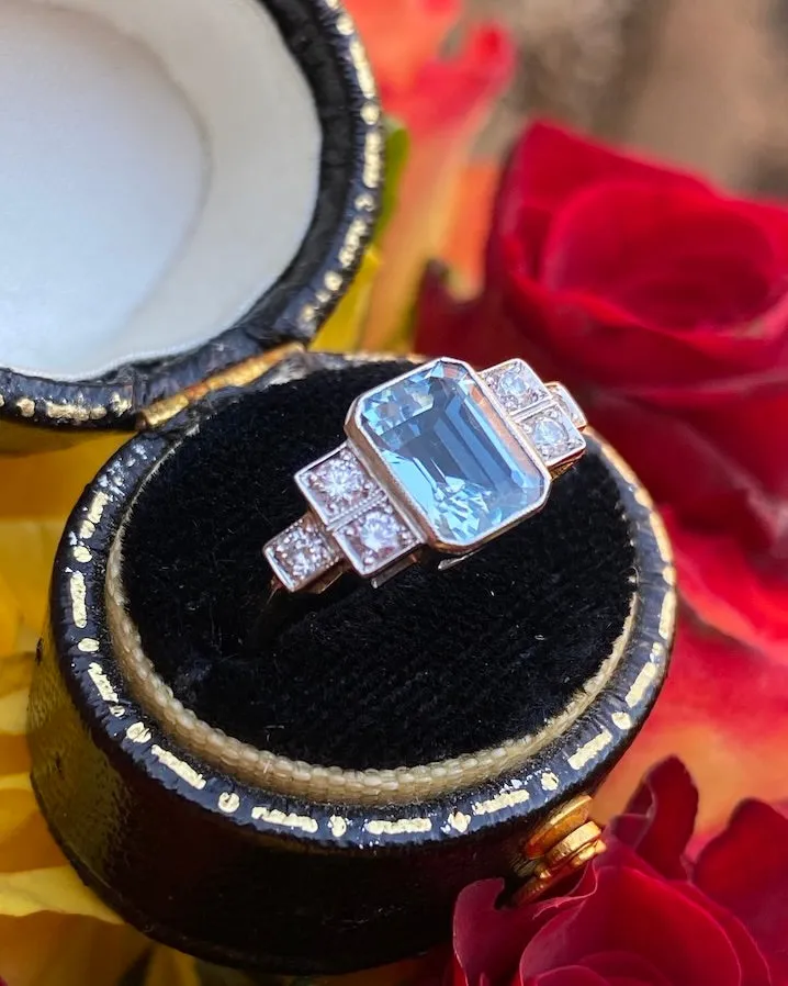 Art Deco Aquamarine and Diamond Platinum Ring 0.25ct   1.40ct