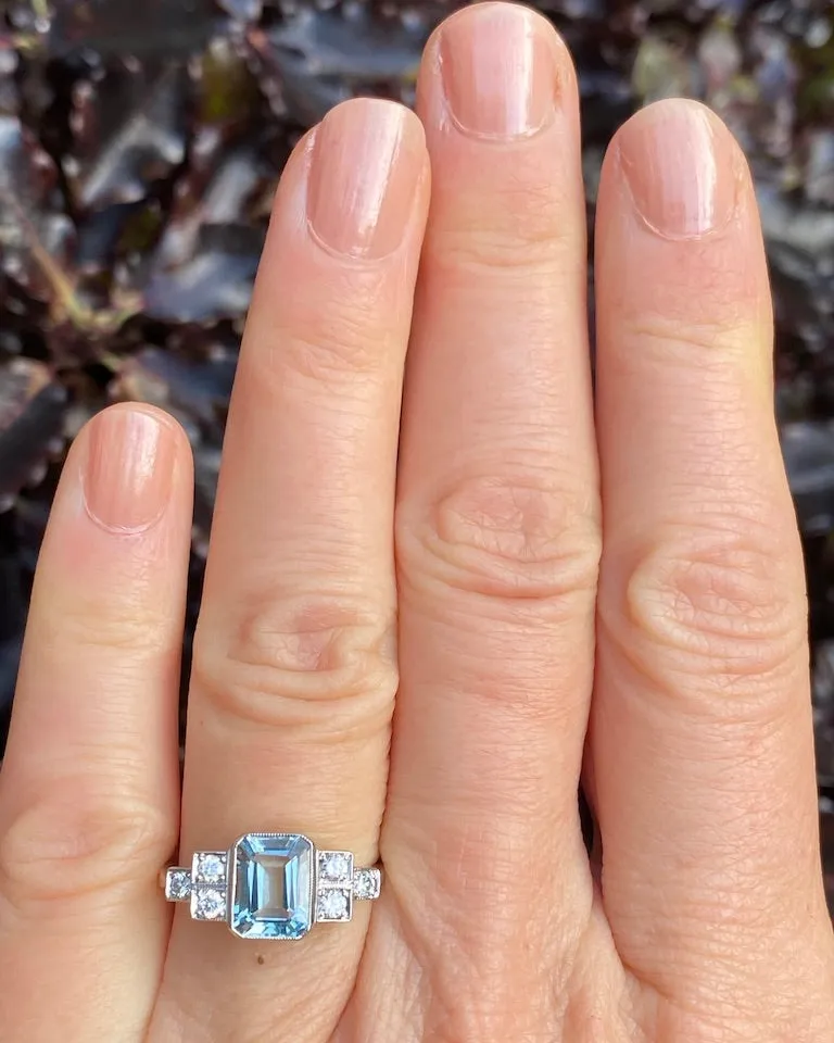 Art Deco Aquamarine and Diamond Platinum Ring 0.25ct   1.40ct