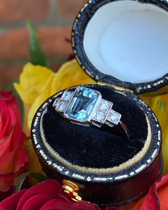 Art Deco Aquamarine and Diamond Platinum Ring 0.25ct   1.40ct
