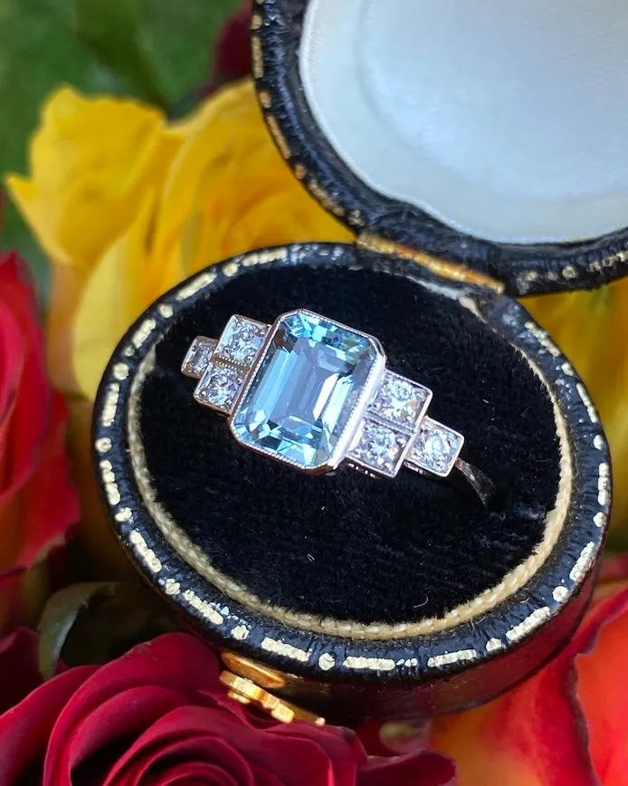Art Deco Aquamarine and Diamond Platinum Ring 0.25ct   1.40ct