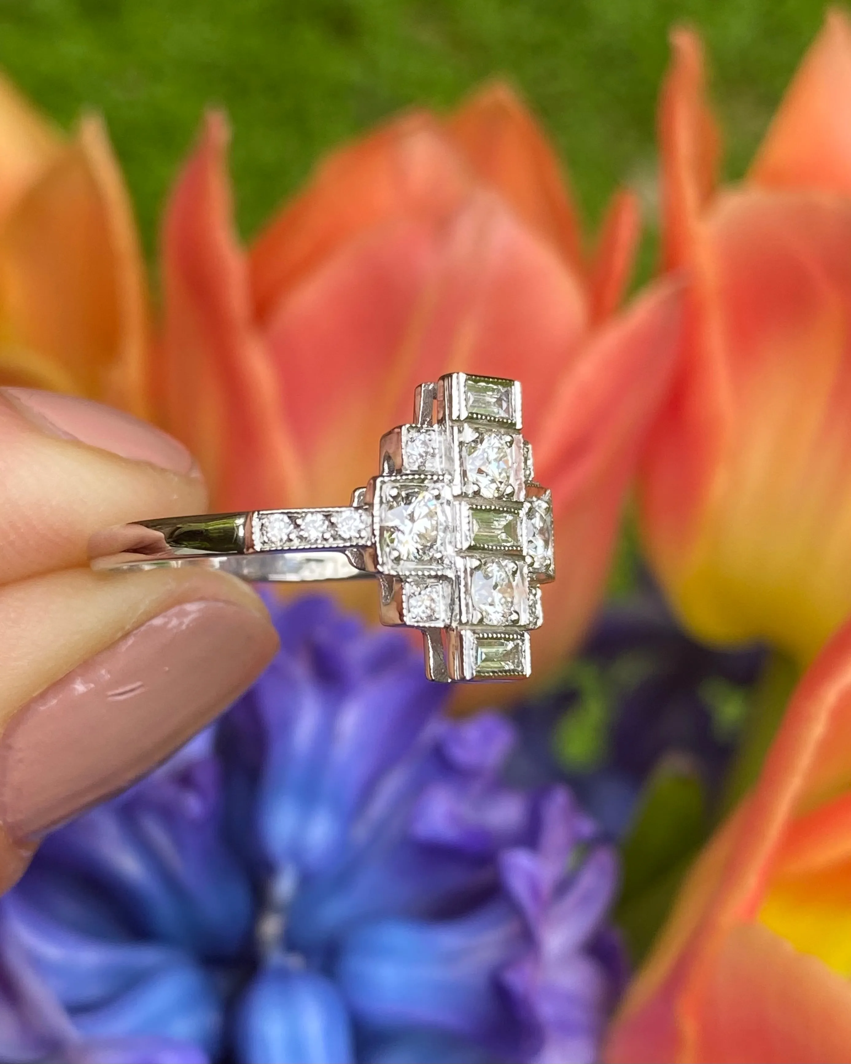 Art Deco Diamond Cluster Ring 0.80ct Platinum