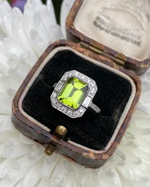 Art Deco Peridot and Diamond Platinum Ring 0.45ct   2.0ct