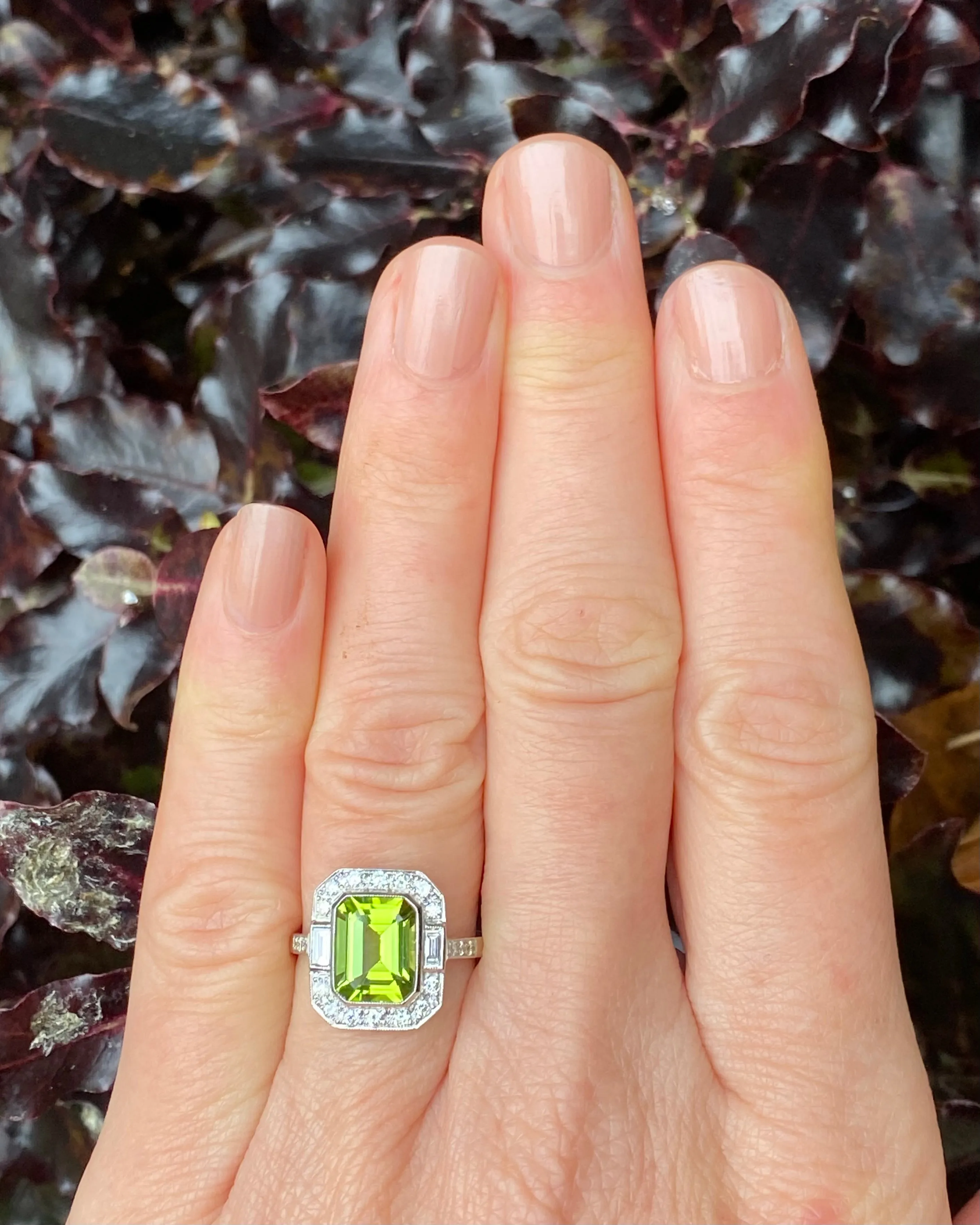 Art Deco Peridot and Diamond Platinum Ring 0.45ct   2.0ct