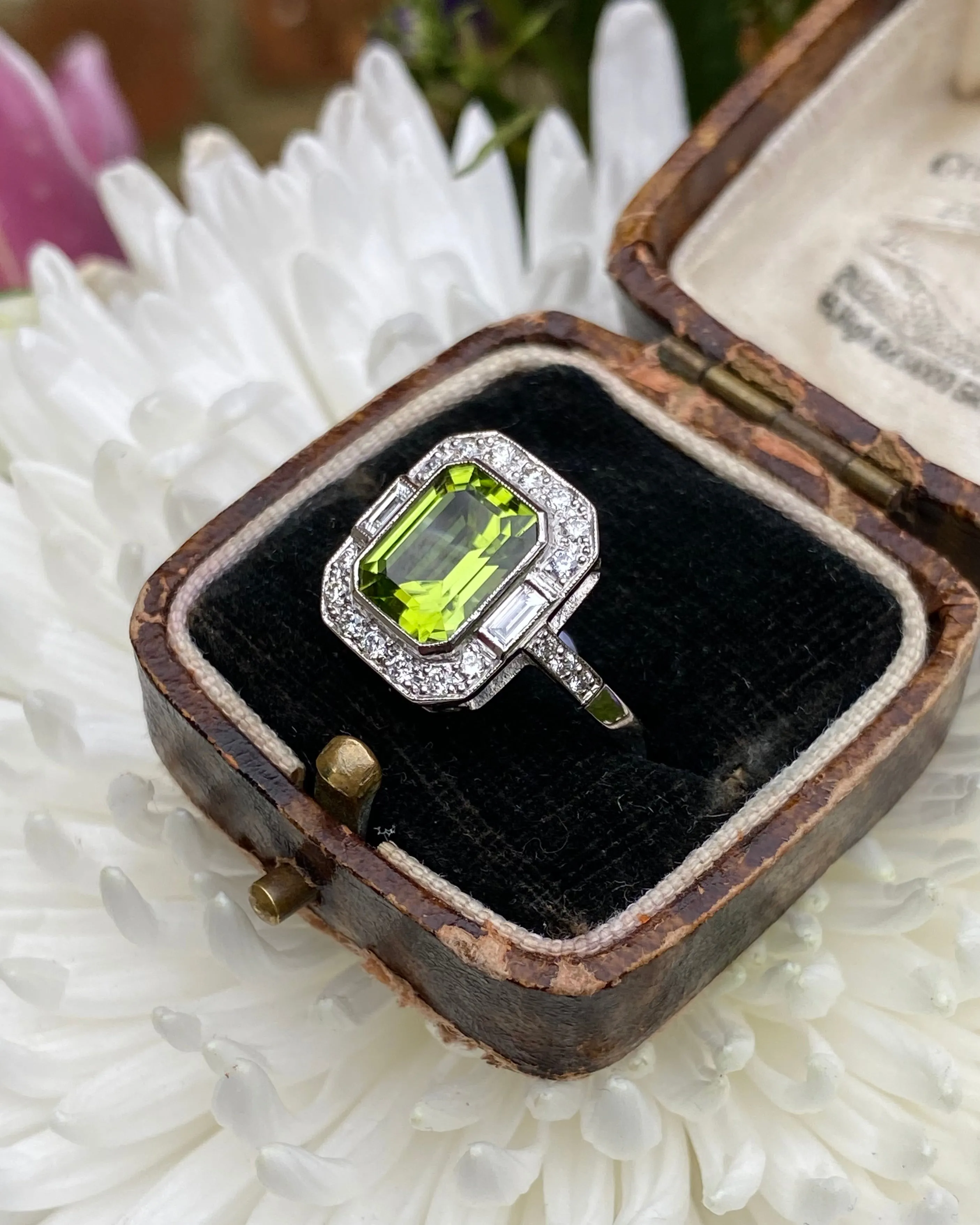 Art Deco Peridot and Diamond Platinum Ring 0.45ct   2.0ct