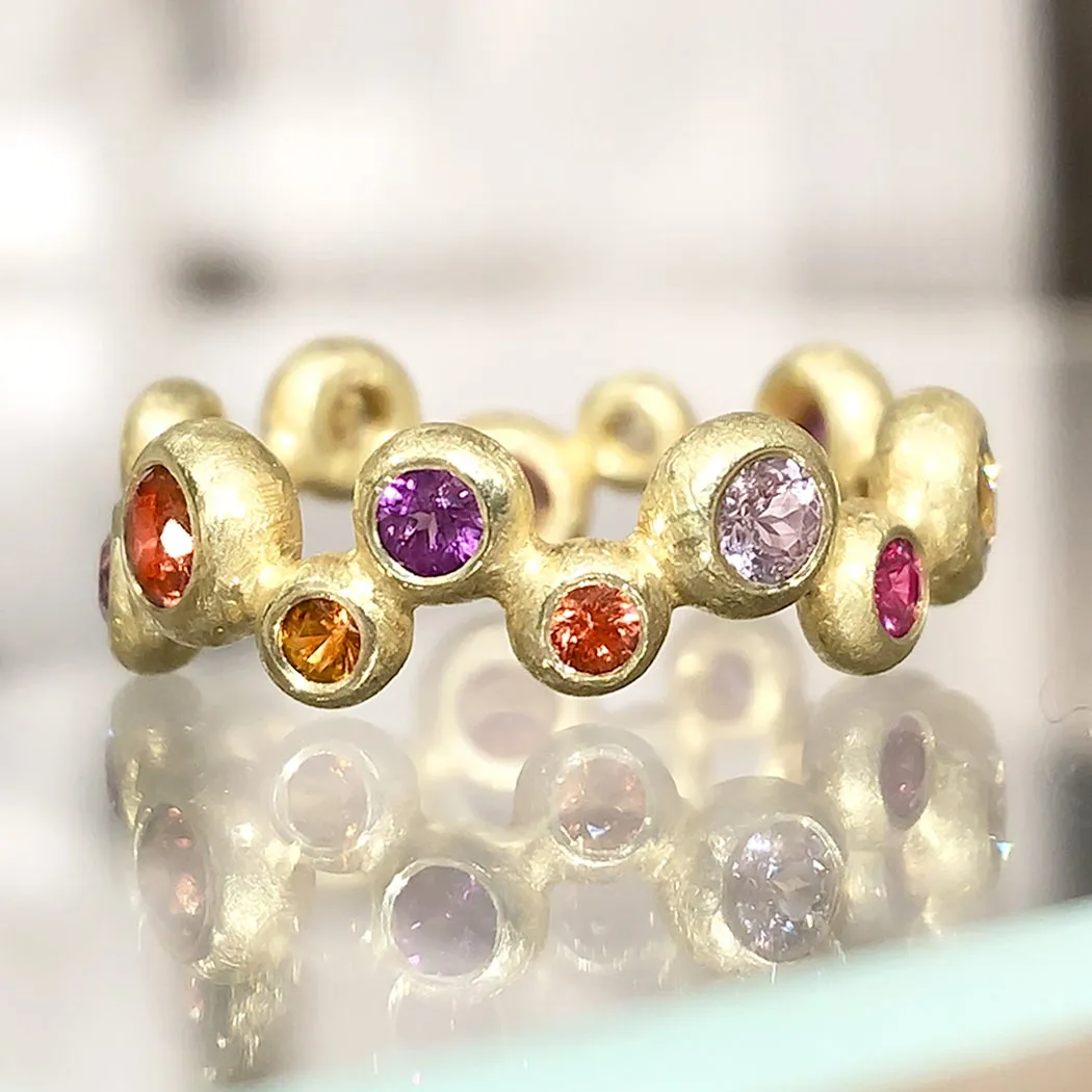Barbara Heinrich Vibrant Multi-Color Sapphire Matte Gold Random Bubble Band Ring
