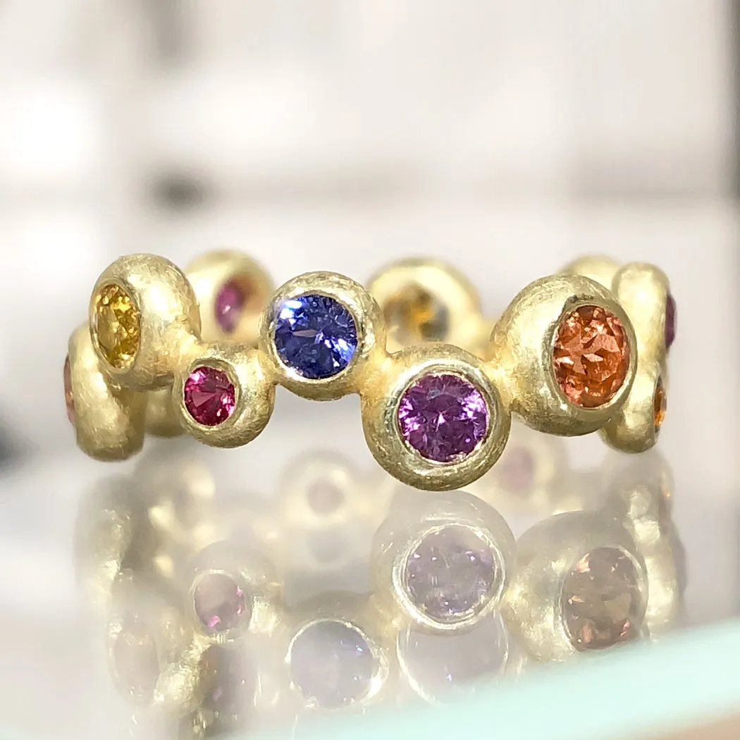 Barbara Heinrich Vibrant Multi-Color Sapphire Matte Gold Random Bubble Band Ring
