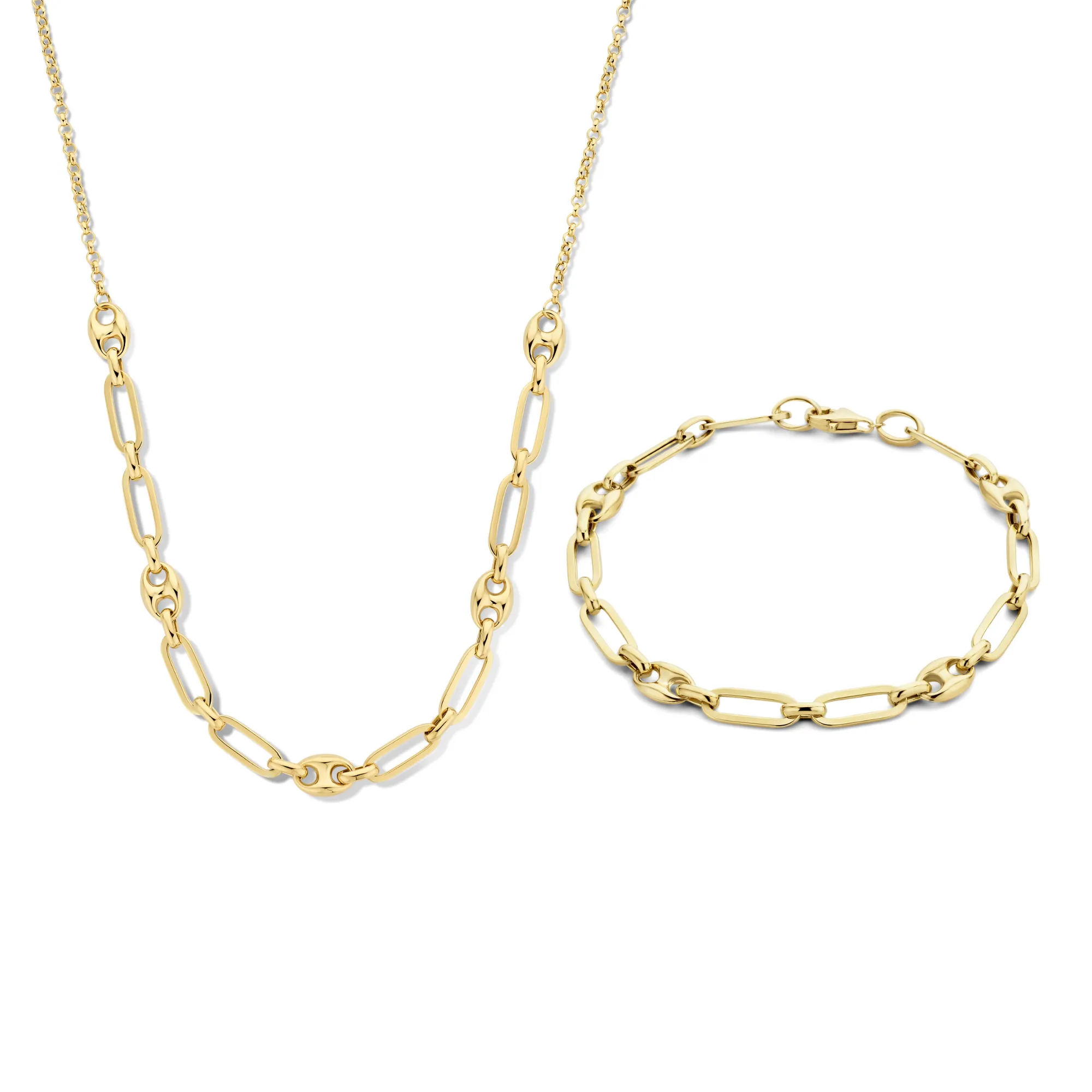 Cadeau d'Isabel 14 karat gold necklace and bracelet set with chains