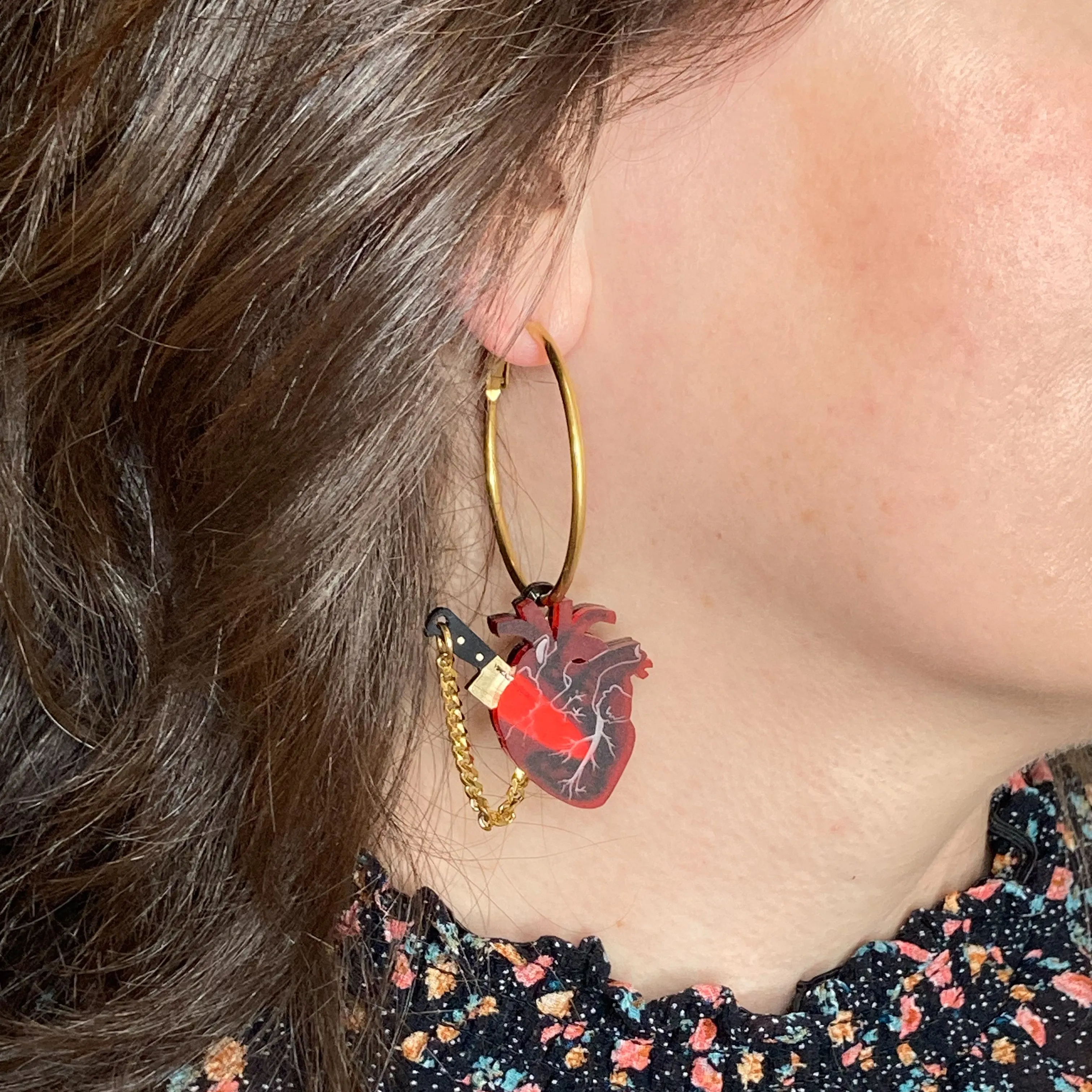 Chopped Heart Hoops - Drop Dead Red Gold Hoops