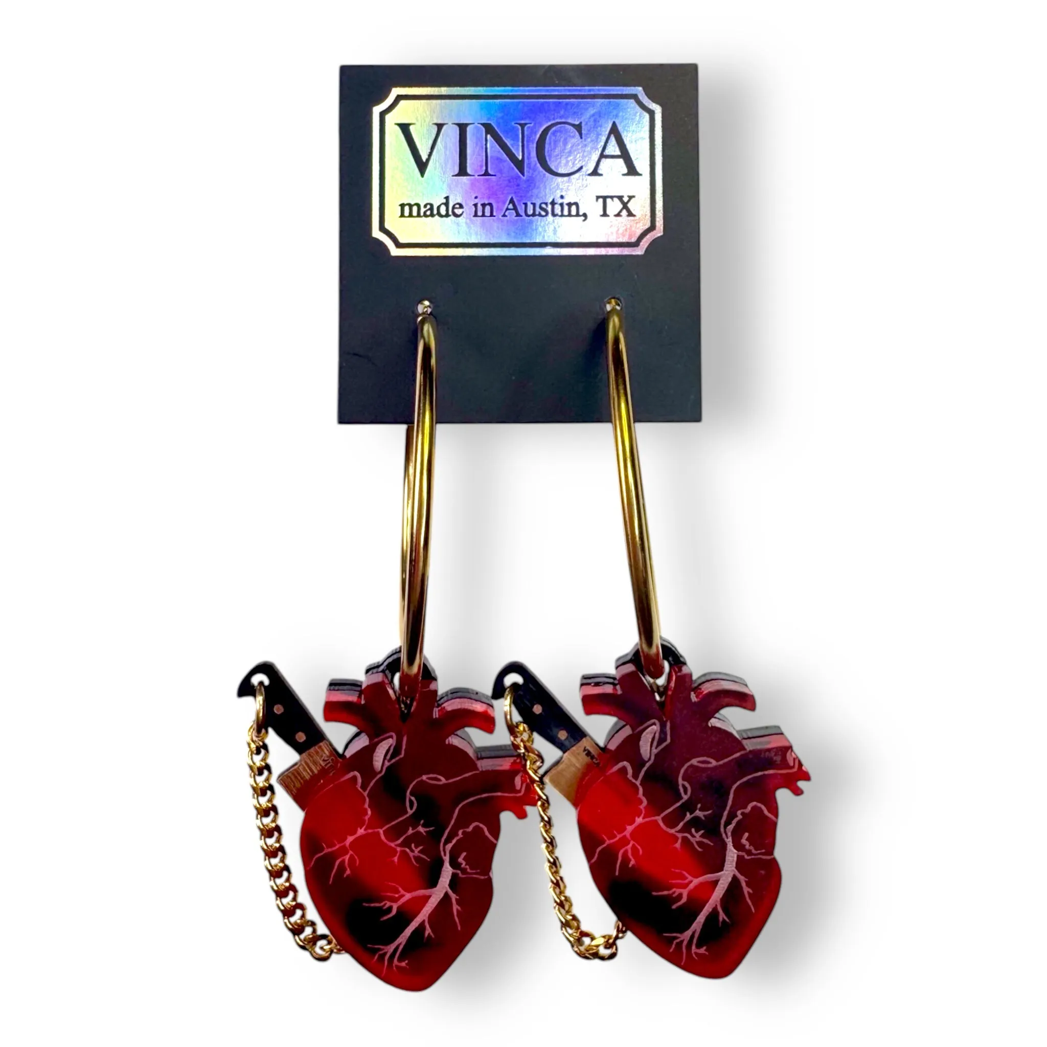 Chopped Heart Hoops - Drop Dead Red Gold Hoops