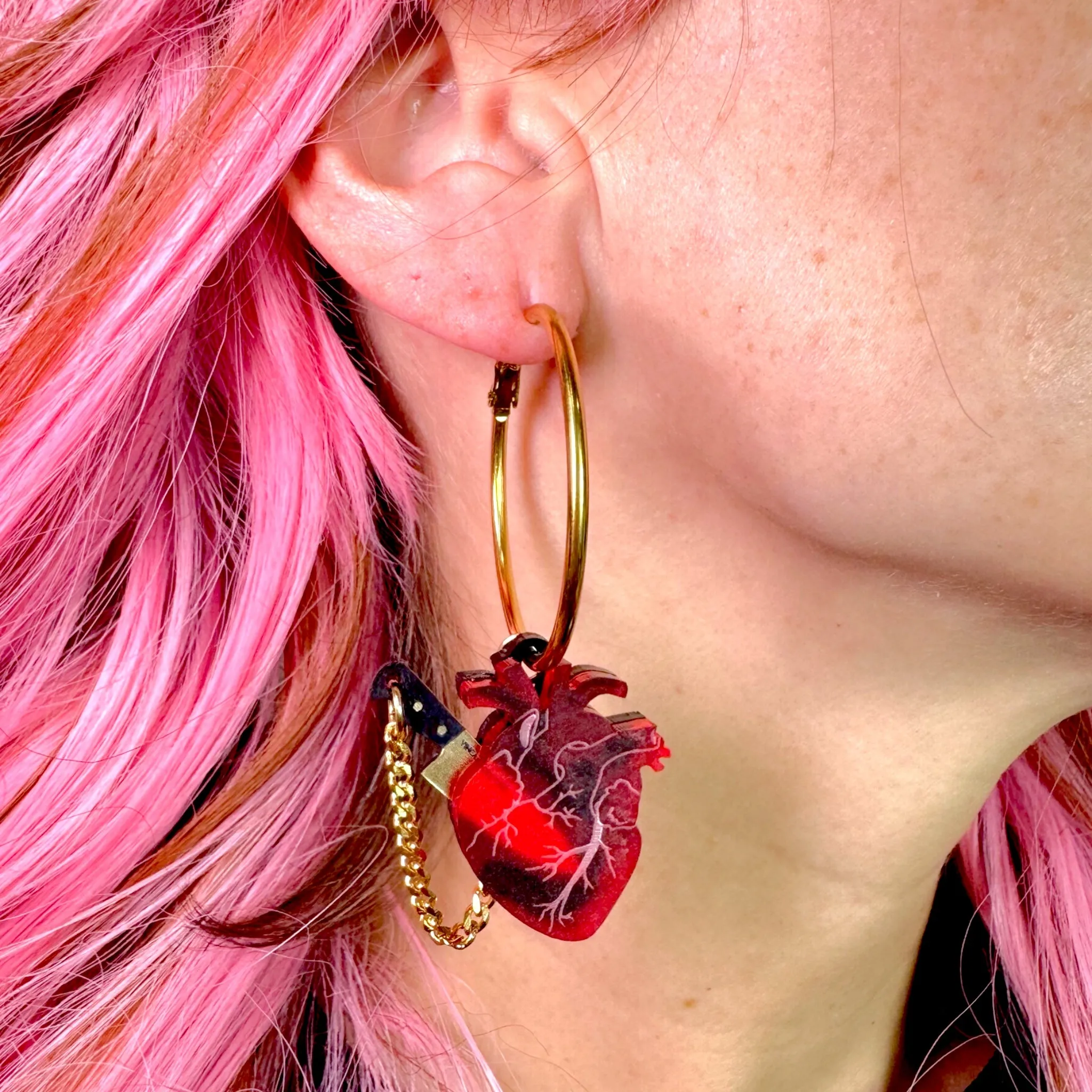 Chopped Heart Hoops - Drop Dead Red Gold Hoops