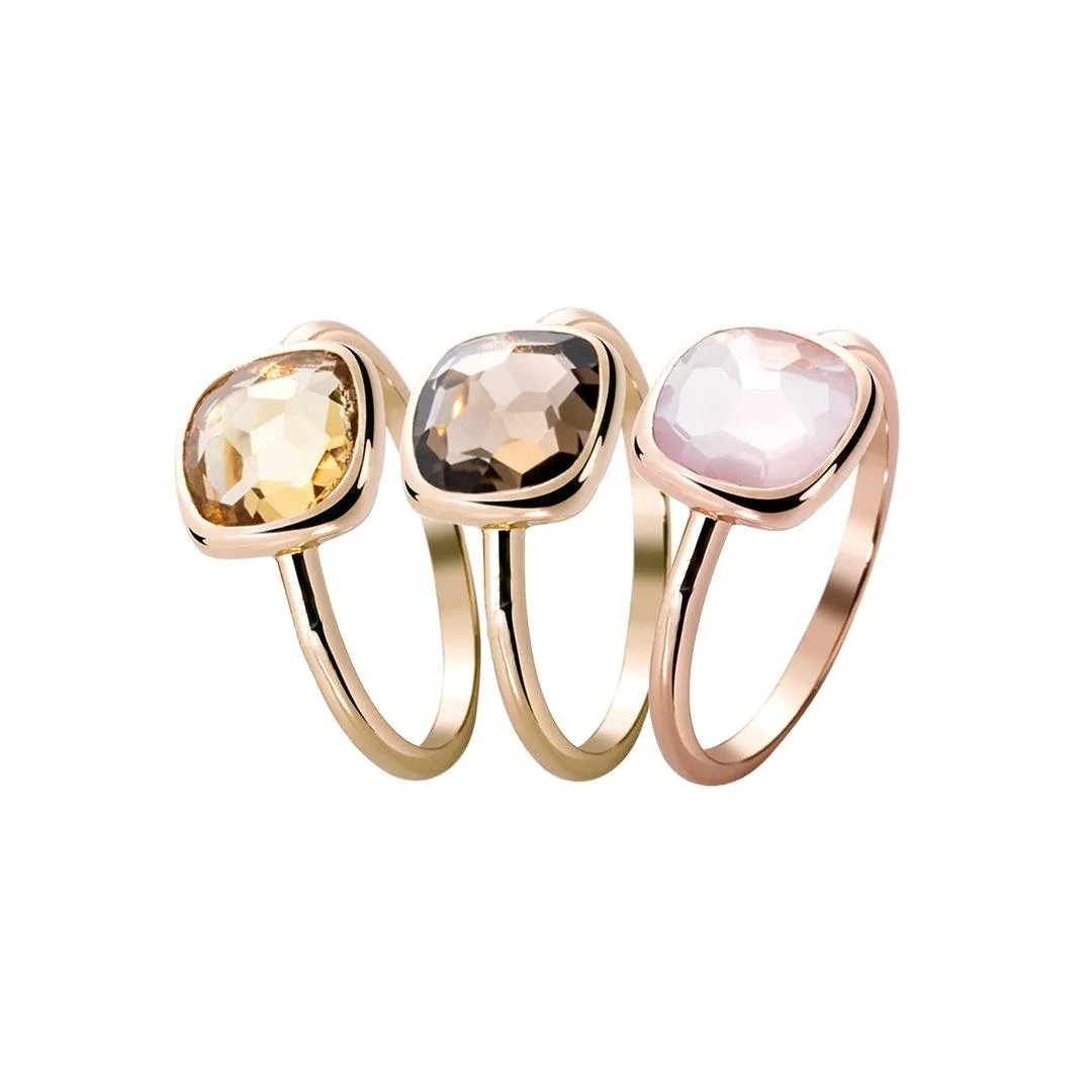 Composition of rings in 925 Silver gilded with 18k yellow gold and 18k rose gold assembled with Citrine, Smoky Quartz and Rose Quartz
