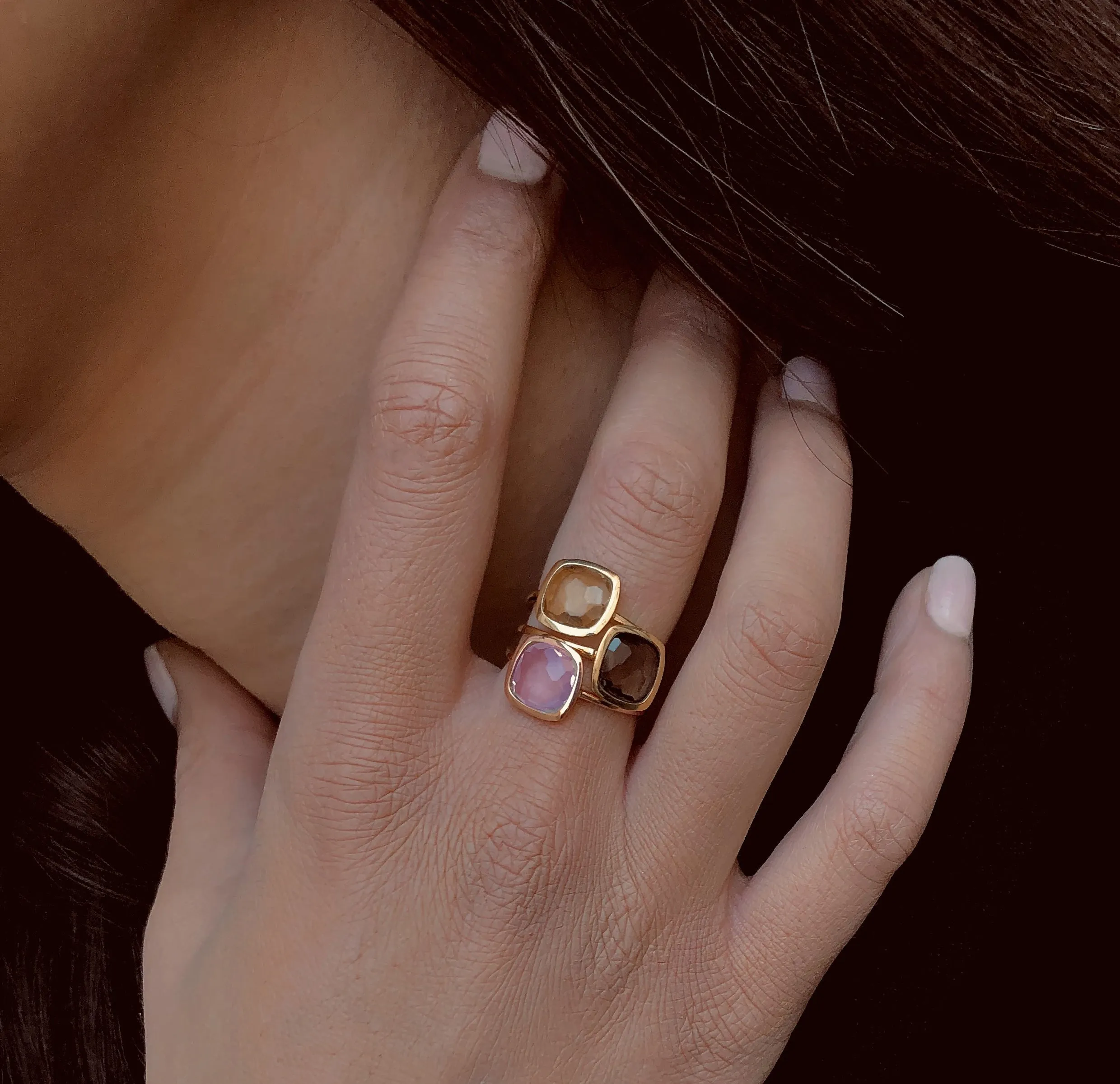 Composition of rings in 925 Silver gilded with 18k yellow gold and 18k rose gold assembled with Citrine, Smoky Quartz and Rose Quartz