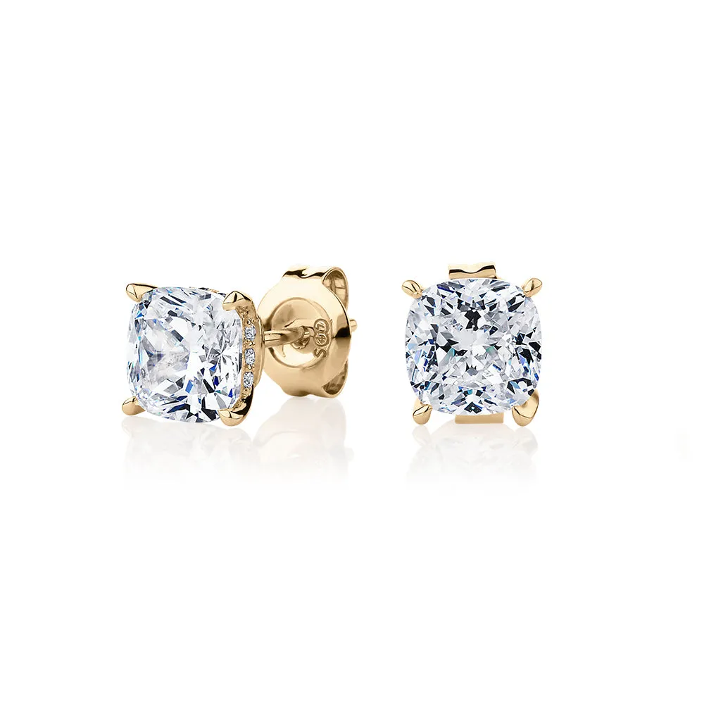 Cushion stud earrings with 2.18 carats* of diamond simulants in 10 carat yellow gold