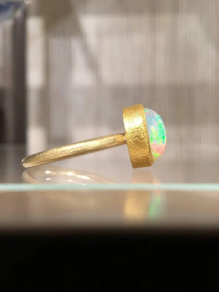 Devta Doolan Electric Rainbow Flash White Opal Gold Ring