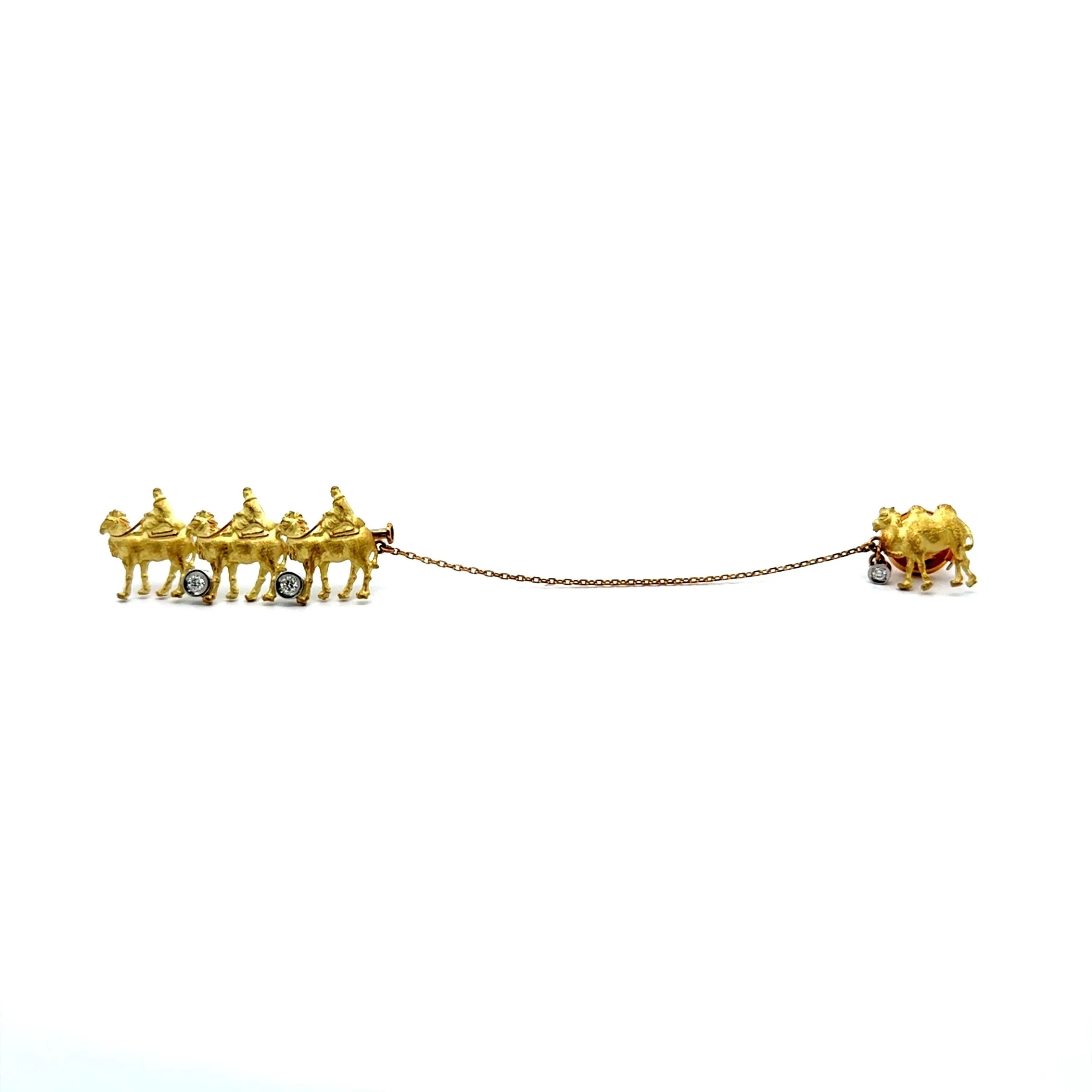 Diamond 18k Yellow Gold Camel with Riders Brooch Tie-Pin Chain