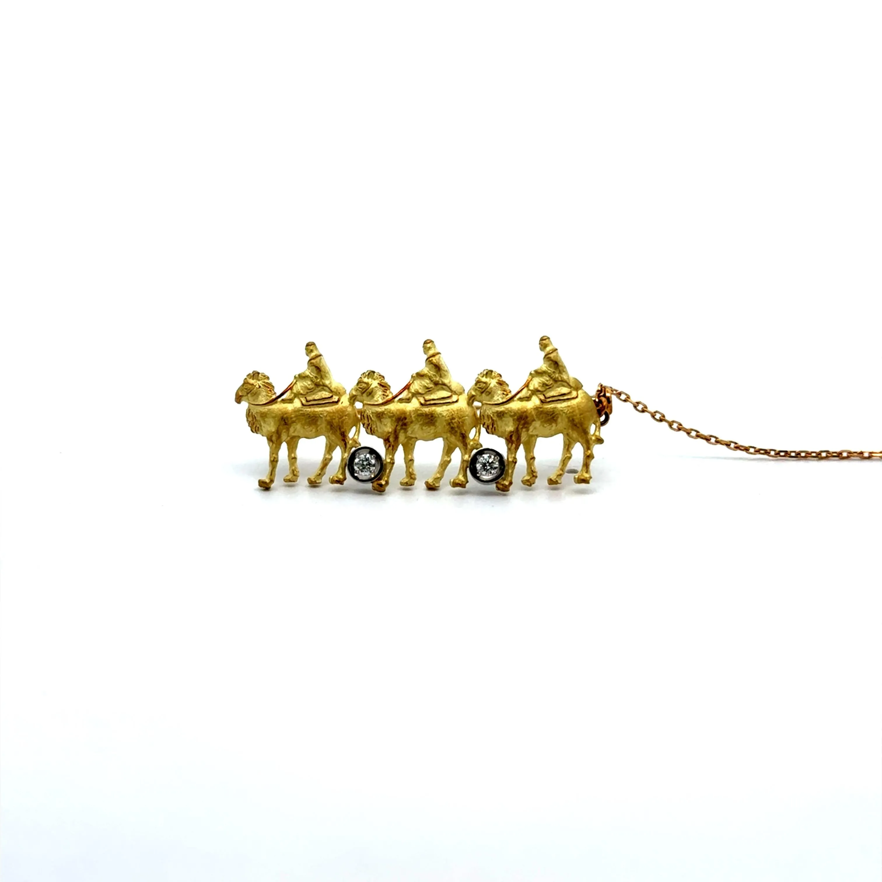 Diamond 18k Yellow Gold Camel with Riders Brooch Tie-Pin Chain
