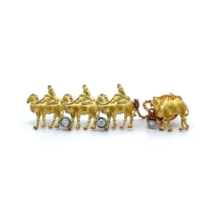 Diamond 18k Yellow Gold Camel with Riders Brooch Tie-Pin Chain