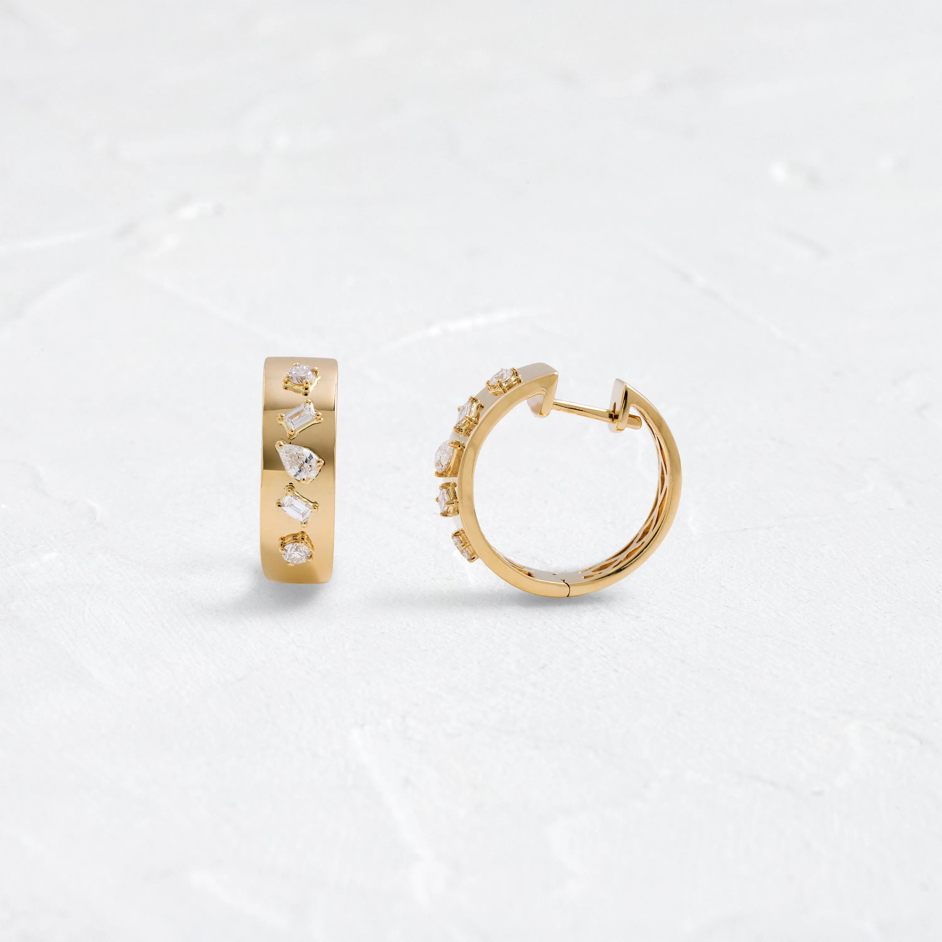 Diamond Multifaceted Gold Hoop Earrings - In Stock