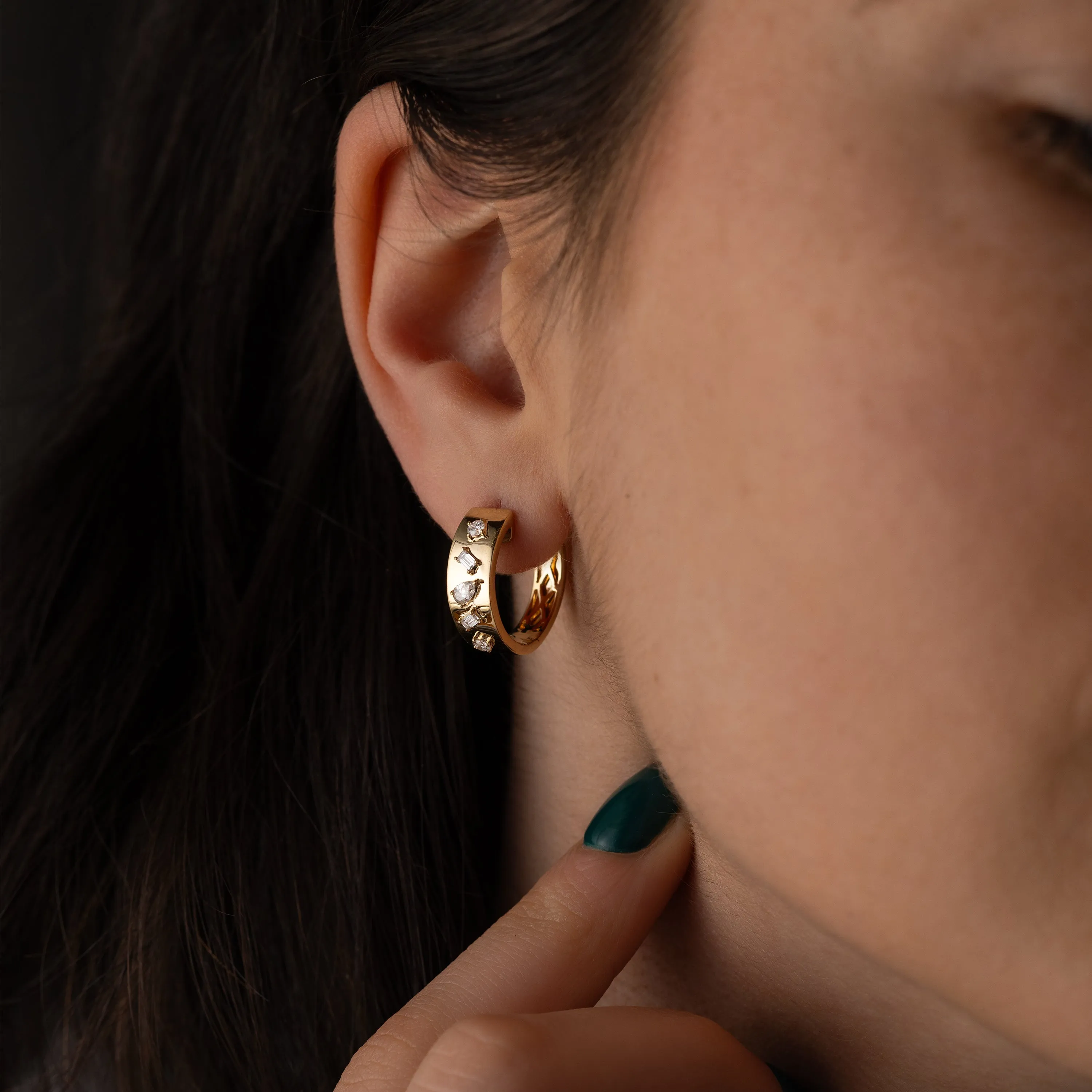 Diamond Multifaceted Gold Hoop Earrings - In Stock