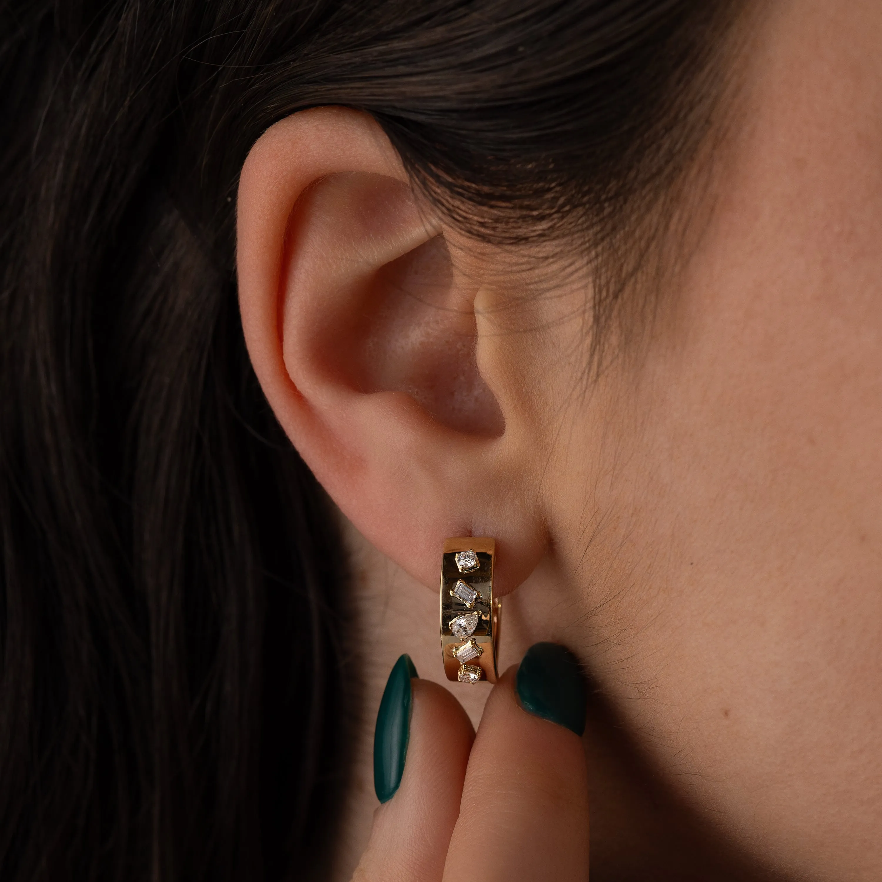 Diamond Multifaceted Gold Hoop Earrings - In Stock