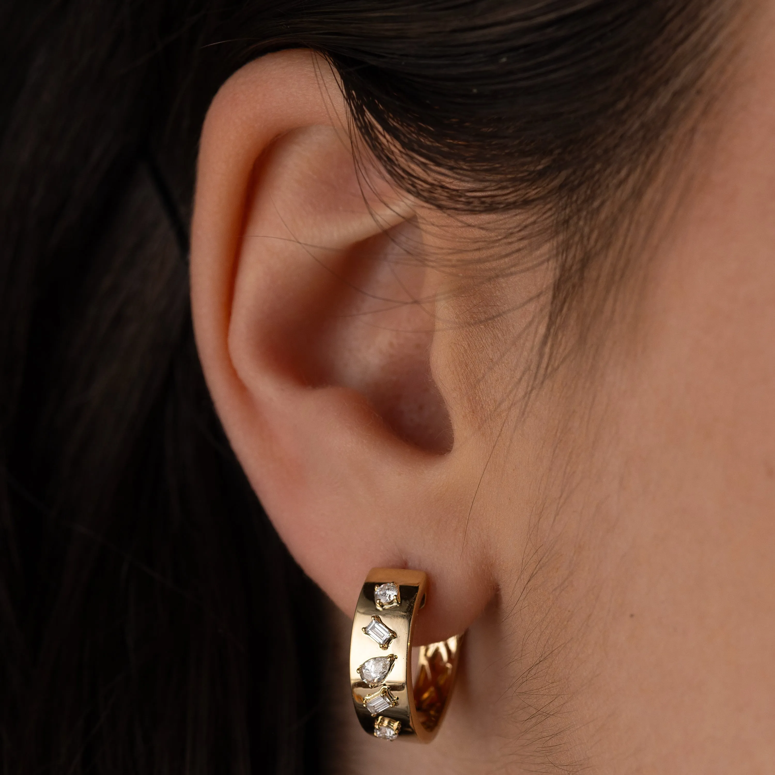 Diamond Multifaceted Gold Hoop Earrings - In Stock