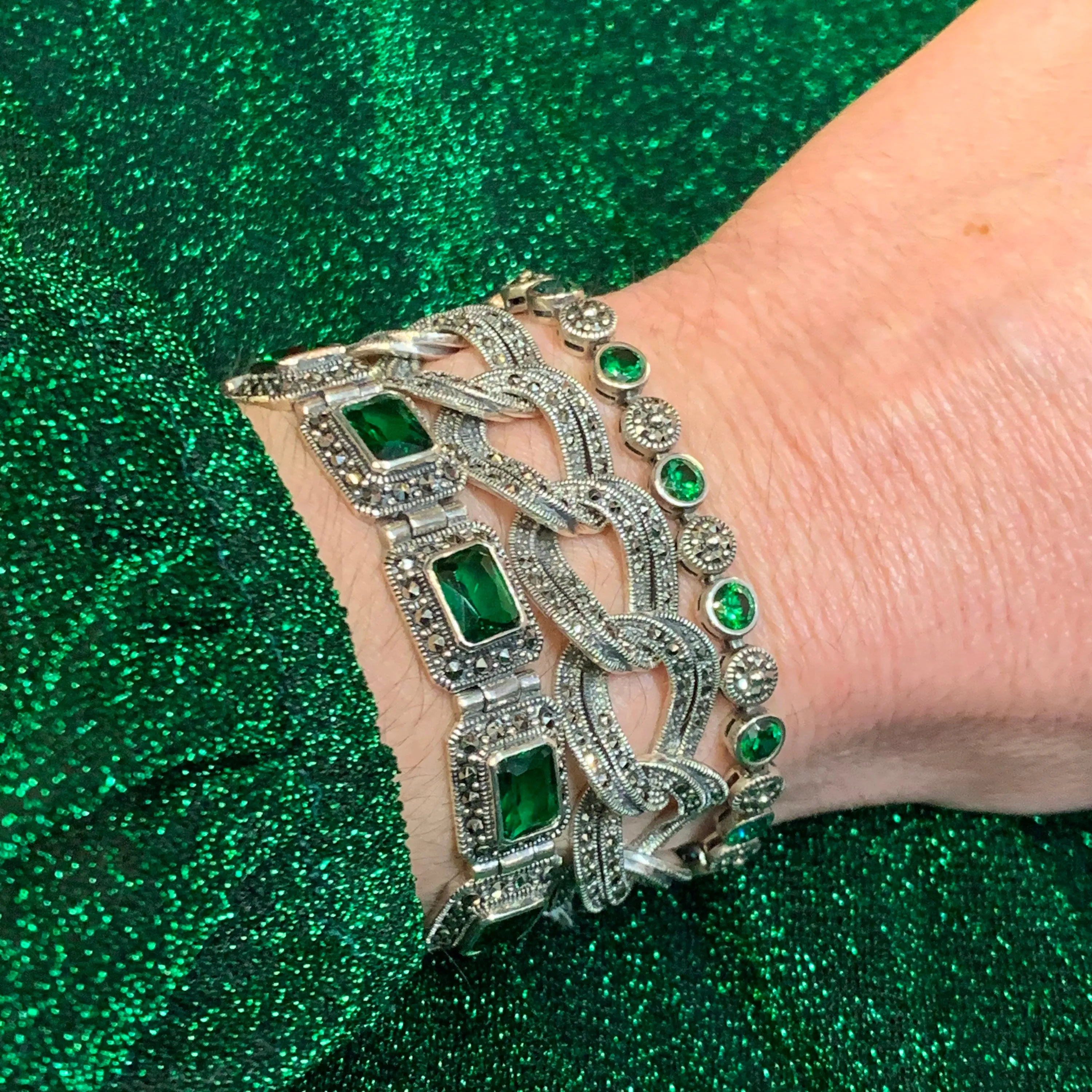 Emerald Green Bracelet Silver Marcasite Zircon