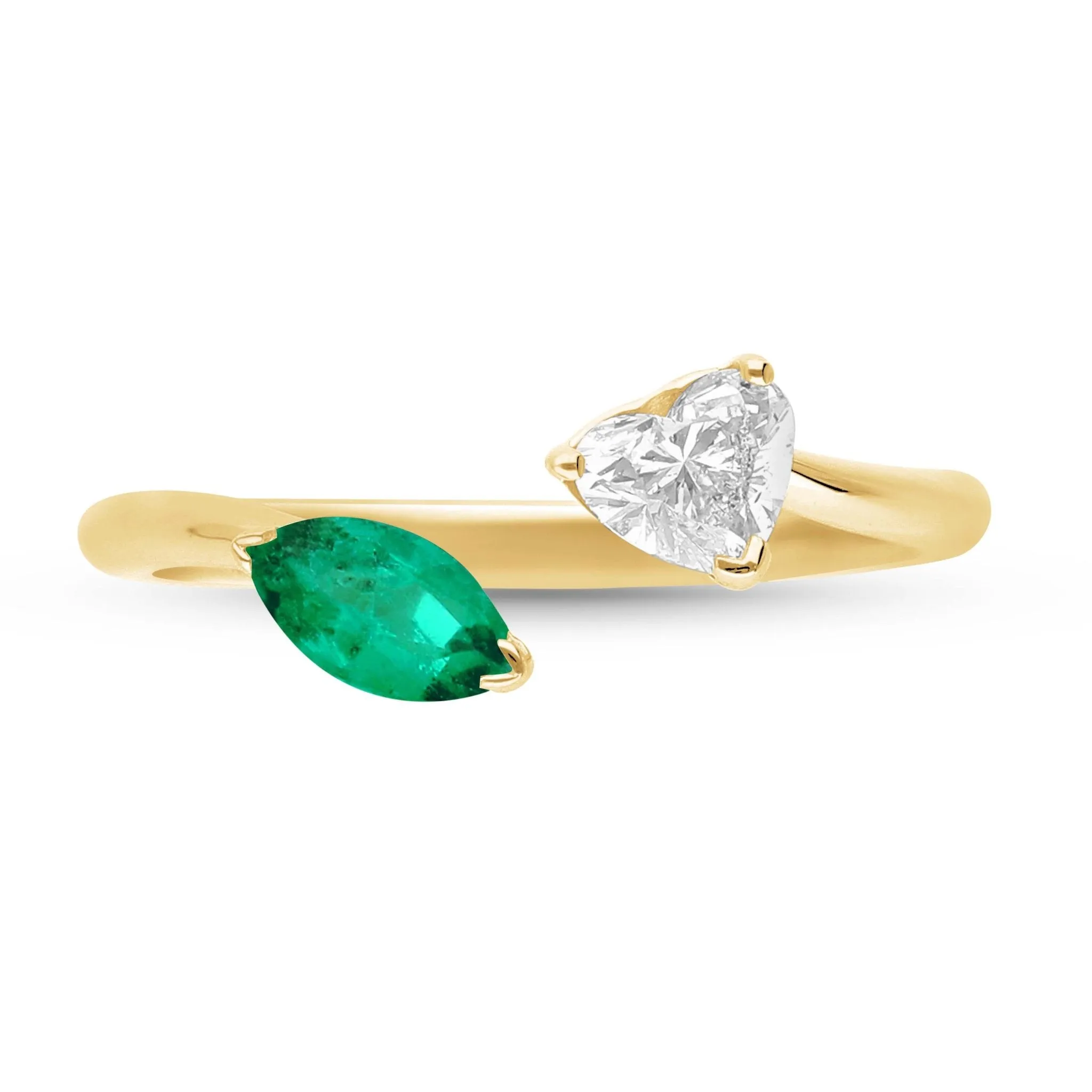 Emerald Marquise and Diamond Heart Open Ring - YG