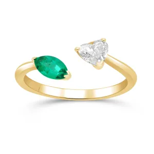 Emerald Marquise and Diamond Heart Open Ring - YG