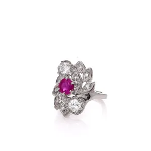 Estate 14 Karat White Gold Ruby & Diamond Cocktail Ring