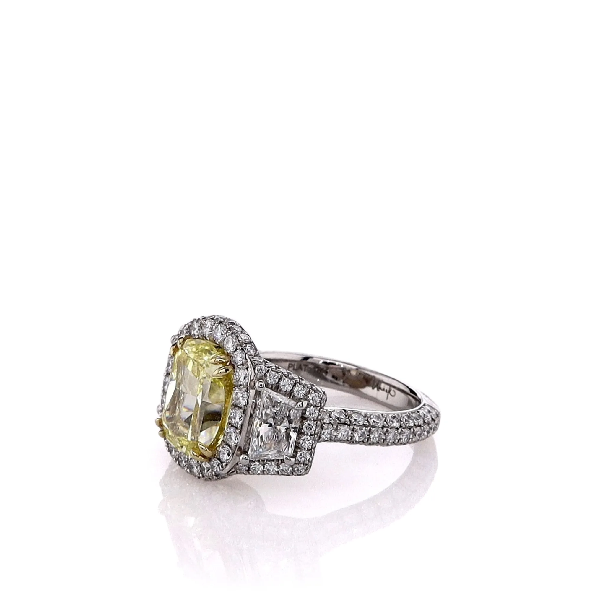 Estate Platinum 4.08ct Cushion Cut Fancy Yellow Diamond Halo Engagement Ring